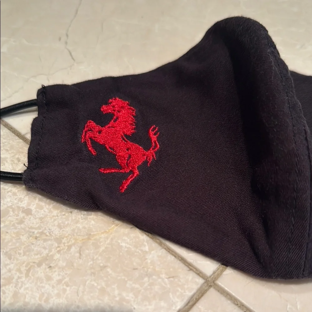 Black Ferrari Face Masks with Embroidered Logos in red and white